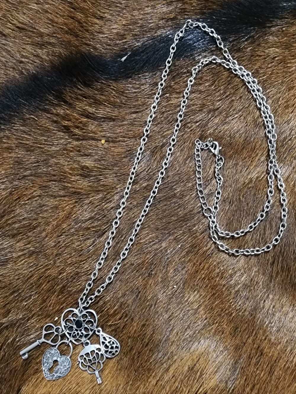 Silver Tone Heart & Key Charm Necklace - Women Jewelry